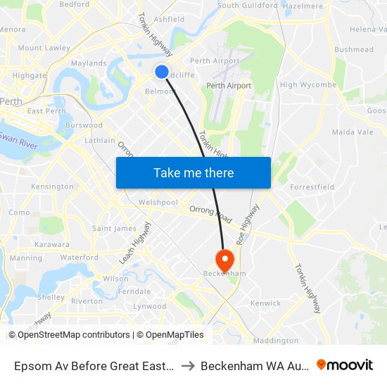 Epsom Av Before Great Eastern Hwy to Beckenham WA Australia map