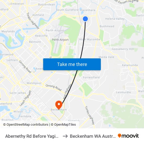 Abernethy Rd Before Yagine Cl to Beckenham WA Australia map