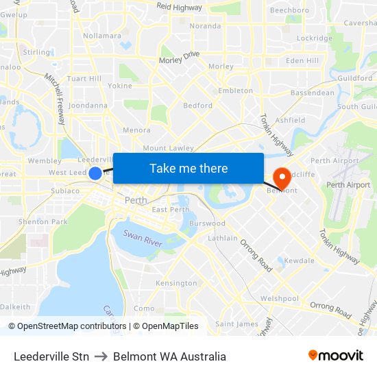 Leederville Stn to Belmont WA Australia map