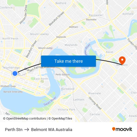 Perth Stn to Belmont WA Australia map