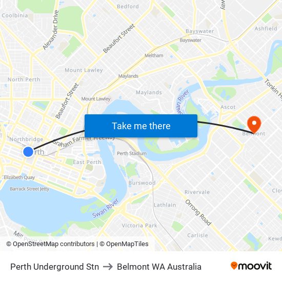 Perth Underground Stn to Belmont WA Australia map