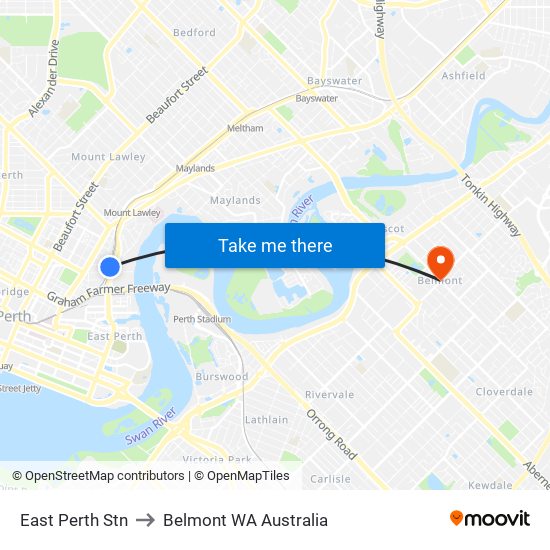 East Perth Stn to Belmont WA Australia map