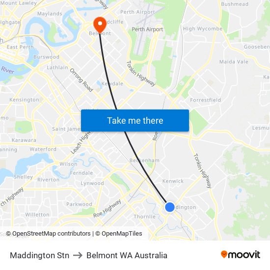 Maddington Stn to Belmont WA Australia map