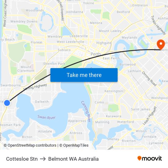 Cottesloe Stn to Belmont WA Australia map