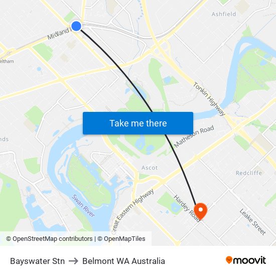 Bayswater Stn to Belmont WA Australia map