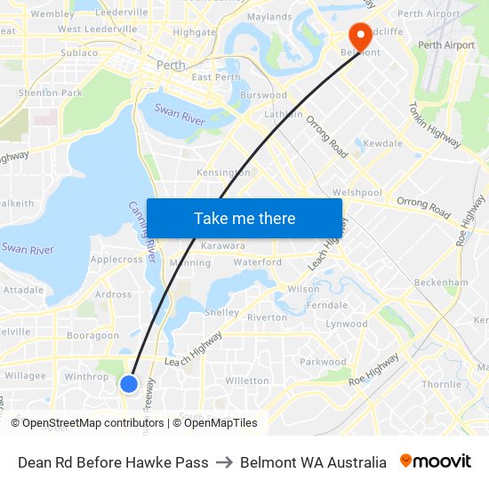 Dean Rd Before Hawke Pass to Belmont WA Australia map