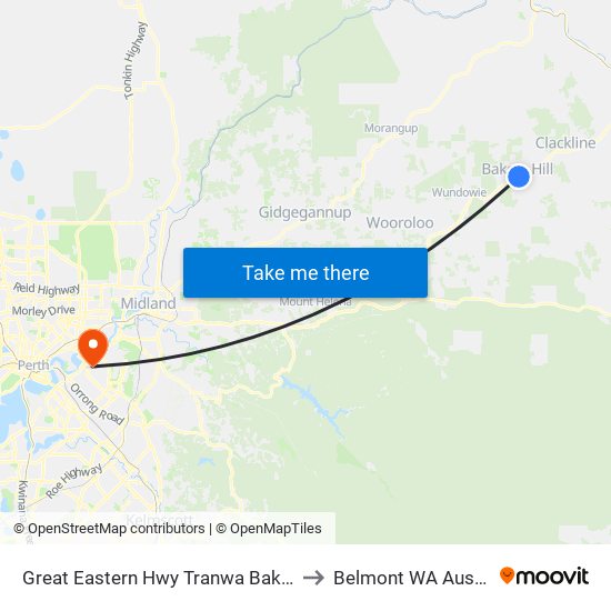 Great Eastern Hwy Tranwa Bakers Hill to Belmont WA Australia map