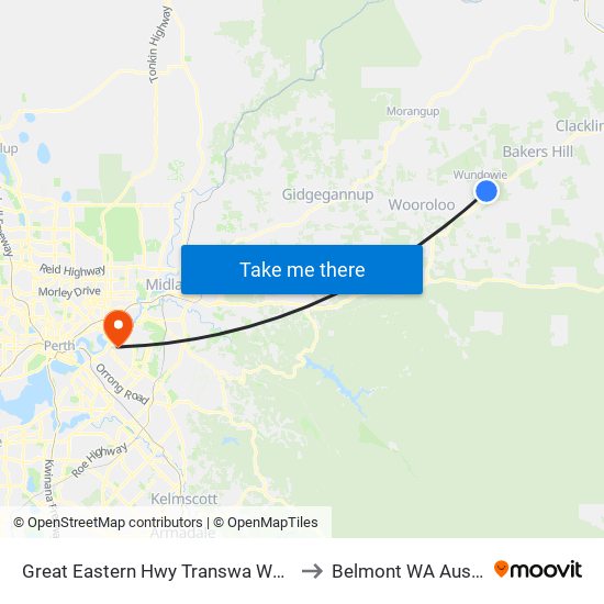 Great Eastern Hwy Transwa Wundowie to Belmont WA Australia map