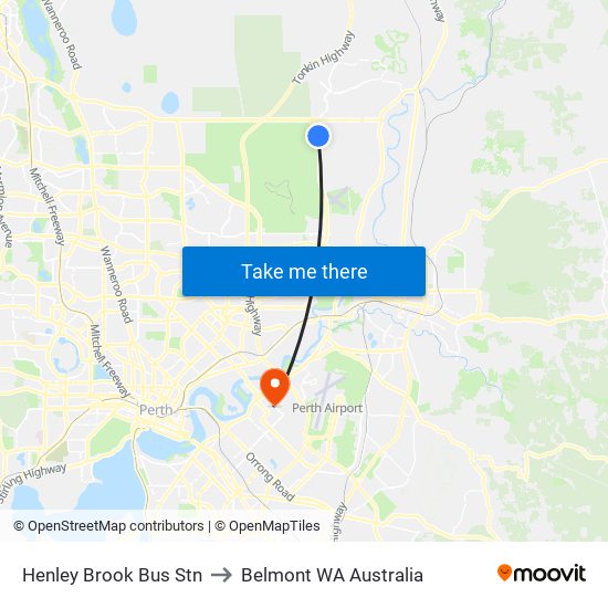 Henley Brook Bus Stn to Belmont WA Australia map