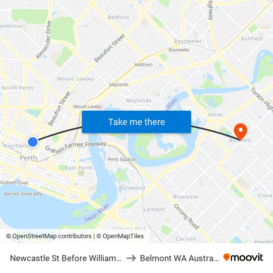 Newcastle St Before William St to Belmont WA Australia map