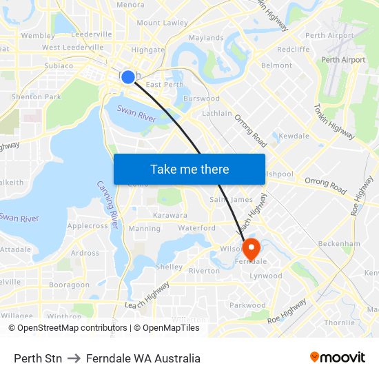 Perth Stn to Ferndale WA Australia map
