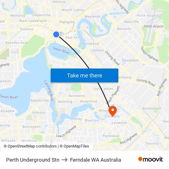 Perth Underground Stn to Ferndale WA Australia map