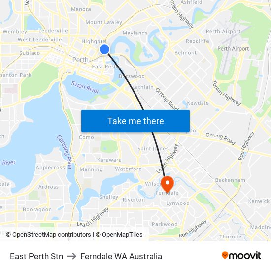 East Perth Stn to Ferndale WA Australia map