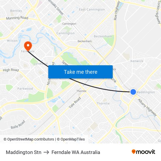 Maddington Stn to Ferndale WA Australia map