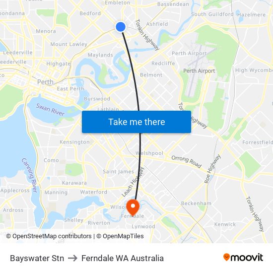 Bayswater Stn to Ferndale WA Australia map