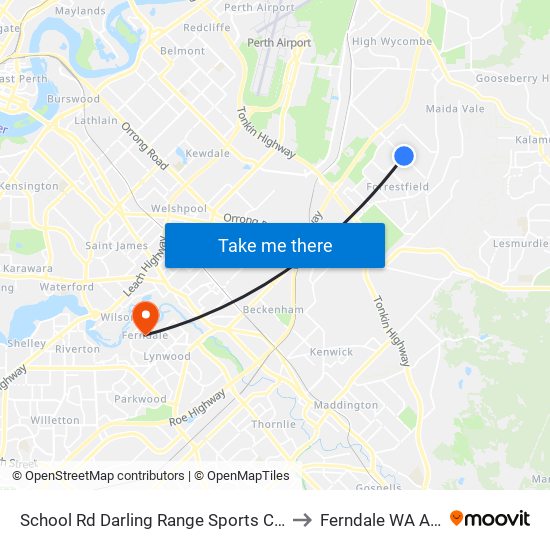 School Rd Darling Range Sports College Stand 3 to Ferndale WA Australia map