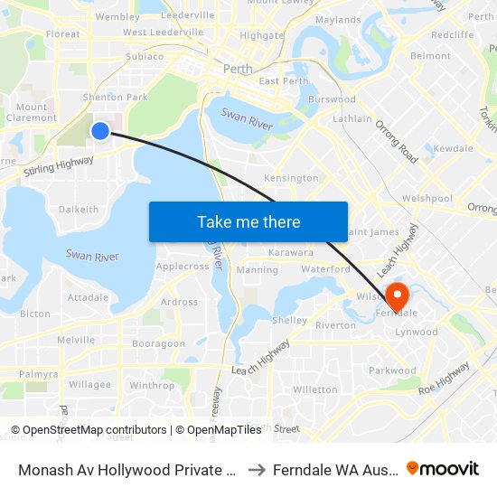 Monash Av Hollywood Private Hospital to Ferndale WA Australia map