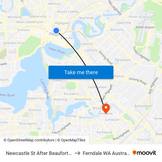 Newcastle St After Beaufort St to Ferndale WA Australia map