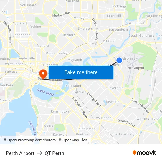 Perth Airport to QT Perth map