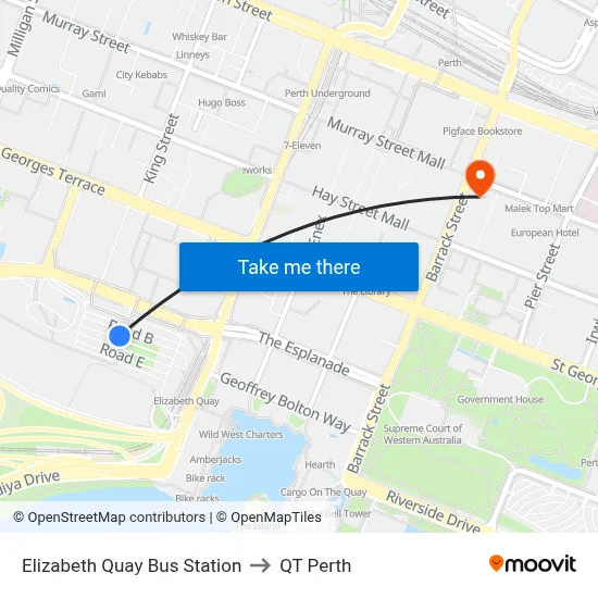 Elizabeth Quay Bus Station to QT Perth map