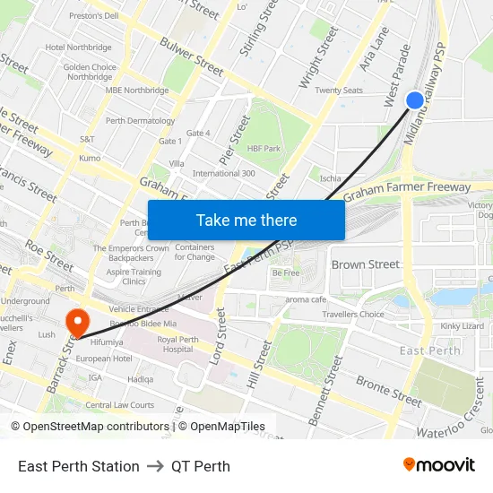 East Perth Station to QT Perth map
