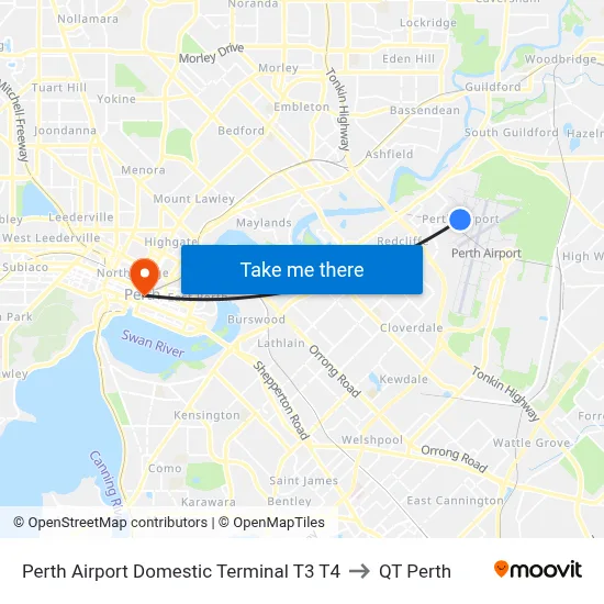 Perth Airport Domestic Terminal T3 T4 to QT Perth map