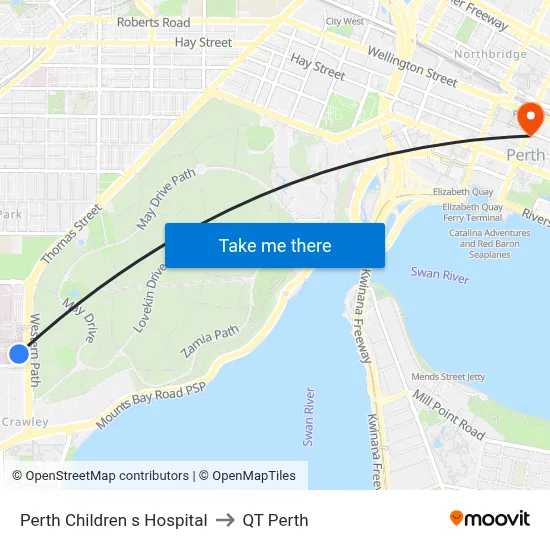Perth Children s Hospital to QT Perth map