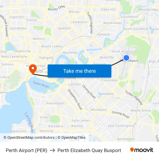 Perth Airport (PER) to Perth Elizabeth Quay Busport map