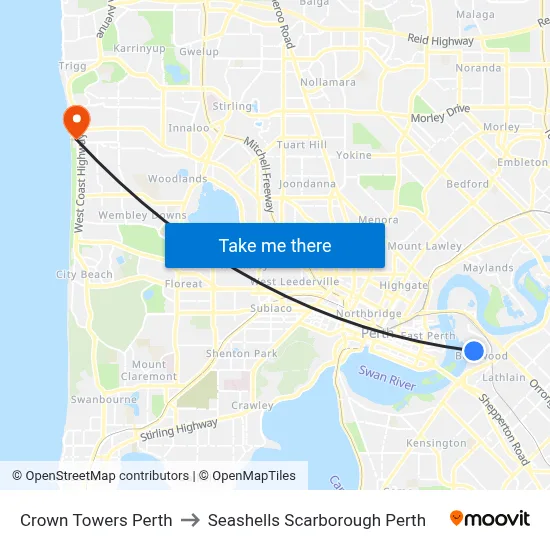 Crown Towers Perth to Seashells Scarborough Perth map