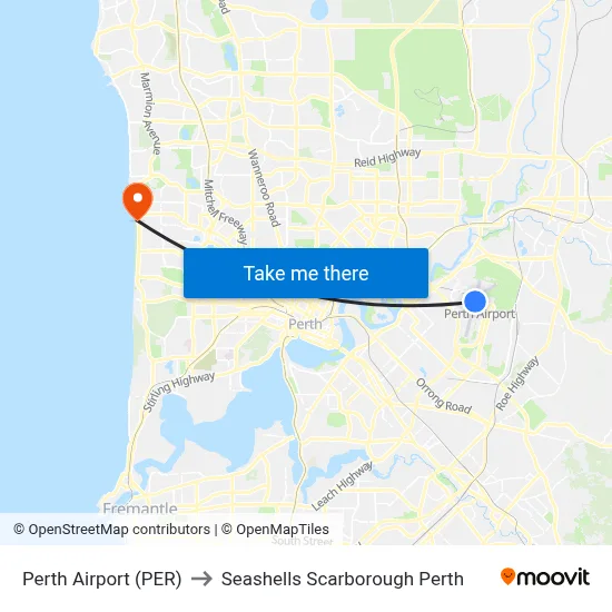 Perth Airport (PER) to Seashells Scarborough Perth map