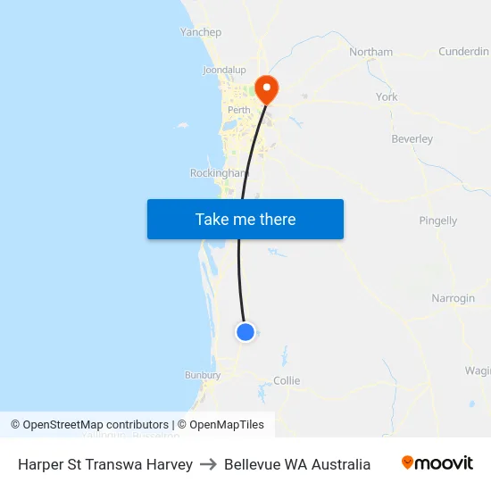 Harper St Transwa Harvey to Bellevue WA Australia map
