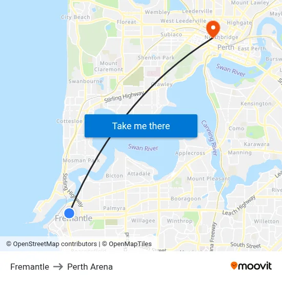 Fremantle to Perth Arena map