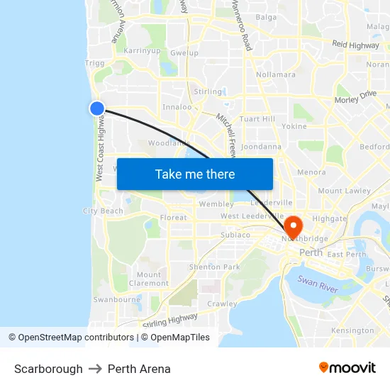 Scarborough to Perth Arena map