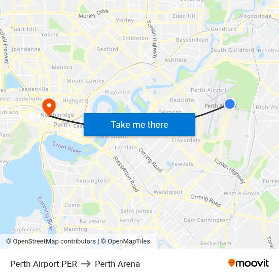 Perth Airport PER to Perth Arena map