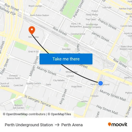Perth Underground Station to Perth Arena map