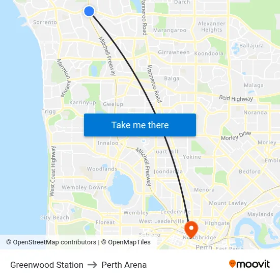 Greenwood Station to Perth Arena map
