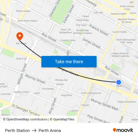 Perth Station to Perth Arena map