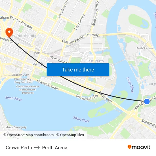 Crown Perth to Perth Arena map