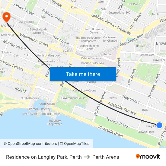 Residence on Langley Park, Perth to Perth Arena map