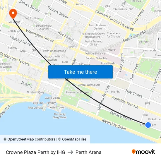 Crowne Plaza Perth by IHG to Perth Arena map