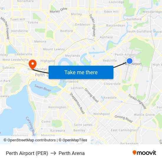 Perth Airport (PER) to Perth Arena map