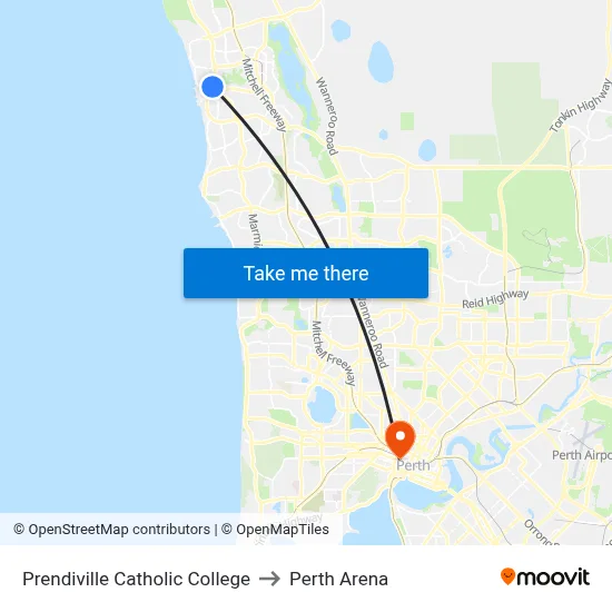 Prendiville Catholic College to Perth Arena map