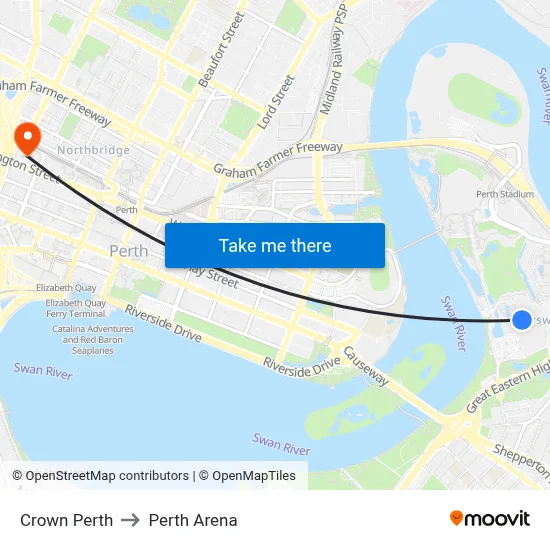 Crown Perth to Perth Arena map