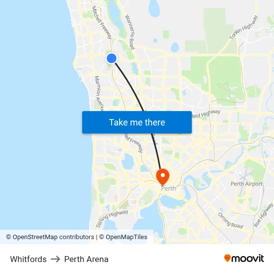 Whitfords to Perth Arena map