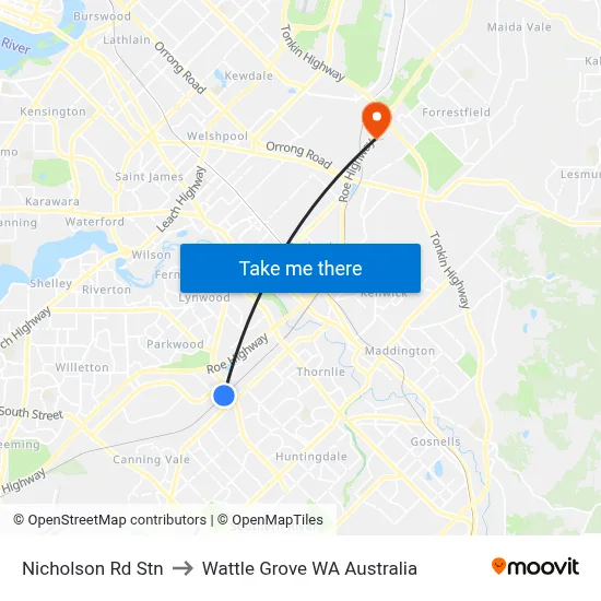 Nicholson Rd Stn to Wattle Grove WA Australia map