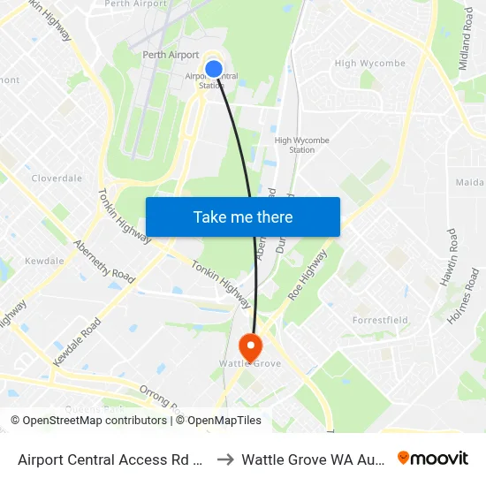 Airport Central Access Rd Stand 1 to Wattle Grove WA Australia map