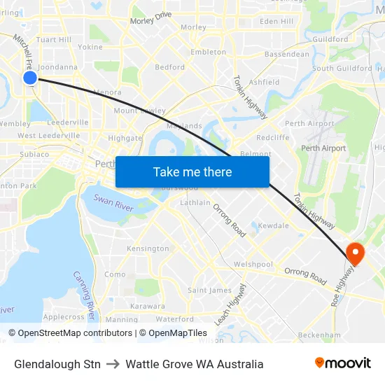 Glendalough Stn to Wattle Grove WA Australia map
