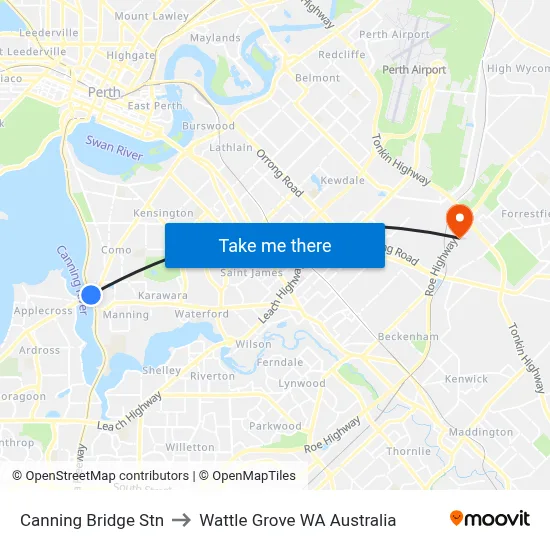 Canning Bridge Stn to Wattle Grove WA Australia map
