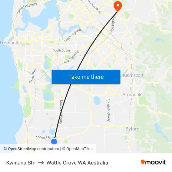 Kwinana Stn to Wattle Grove WA Australia map
