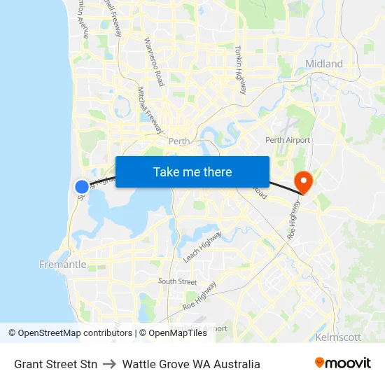 Grant Street Stn to Wattle Grove WA Australia map